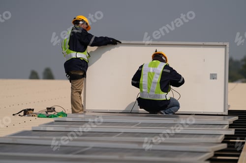 Preview: Renewable Energy Eco Technology Electric Power Industry Solar Panels on rooftop.