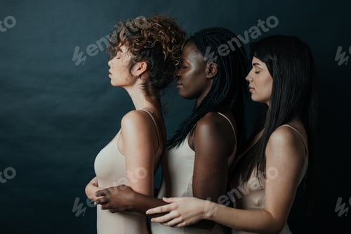 Preview: Three girls from different ethnicities posing in studio for a "body positivity" photo session