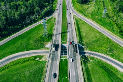 Preview: Aerial drone view of overpass highway asphalt road with cars and truck cargo