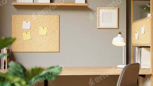 Preview: 3D rendered minimalist home office desk with corkboard, books, and lamp in cozy interior design.