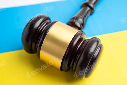 Preview: Ukraine flag with judge hammer, Law and justice court.