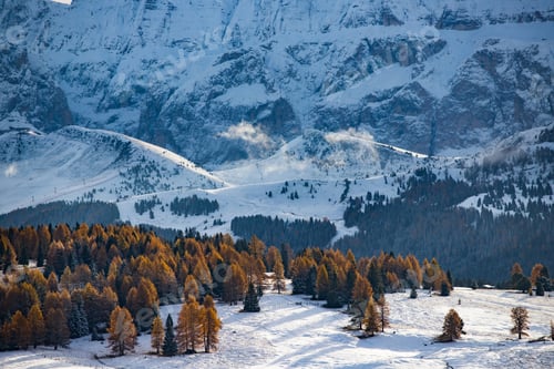 Preview: Amazing winter landscape at sunset in Alpe di Siusi, Dolomites, Italy - winter holidays destination