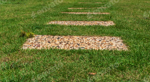 Preview: Pavement stones crossing a grassy. Walkway on green grass field garden