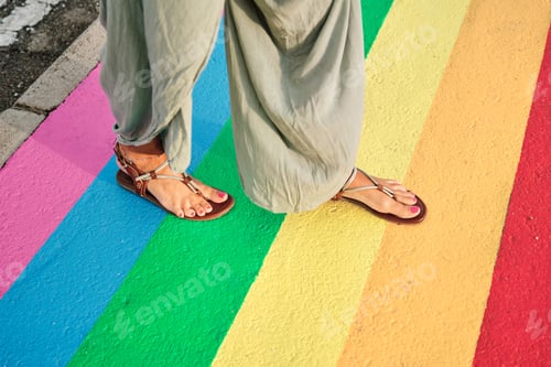 Preview: unrecognizable woman feet crossing gay rainbow colors on the street