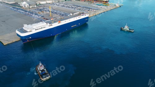 Preview: tug boat pulling ro ro ship in the ocean, Frieght car shipping car by cargo ship