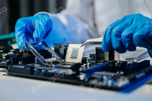 Preview: The technician is putting the CPU on the socket of the computer motherboard. electronic engineering