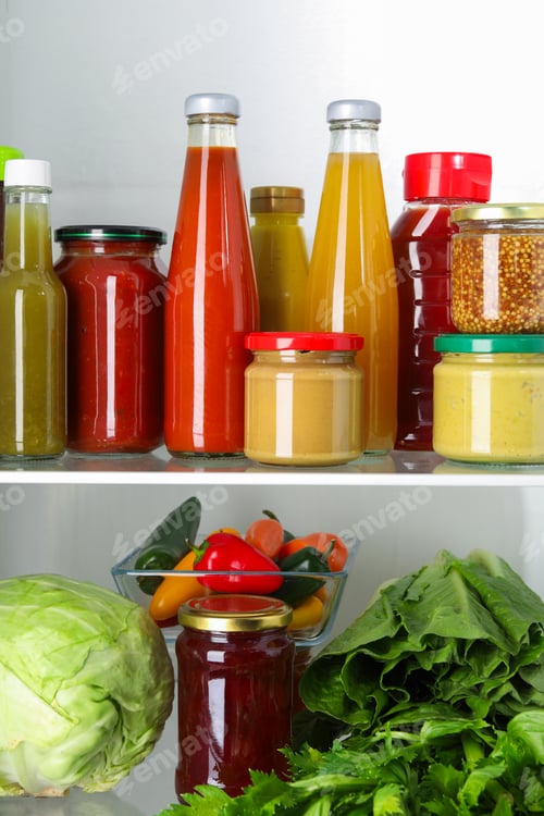 Preview: Bottles with different tasty sauces and products in fridge, closeup
