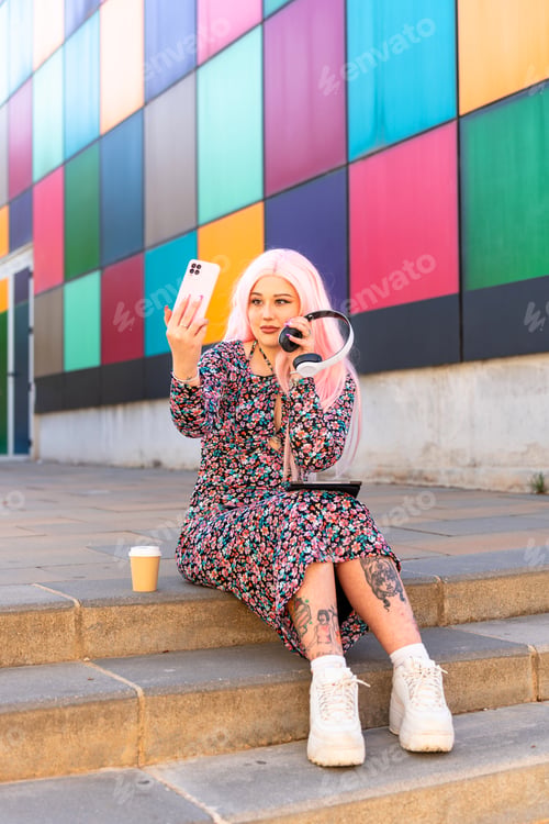 Preview: Nerdy girl with pink hair using a pink phone