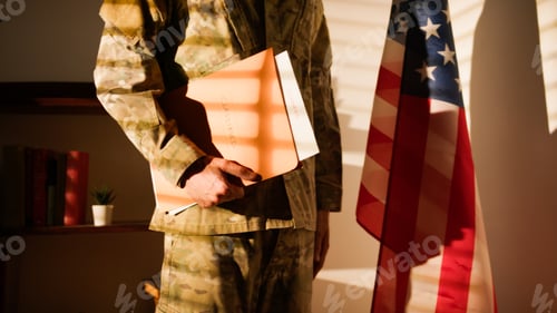 Preview: American military with flag and folder of top secret documents wait outdoor