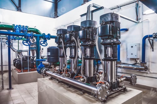 Preview: Industrial interior of water pump, valves, pressure gauges, motors inside engine room