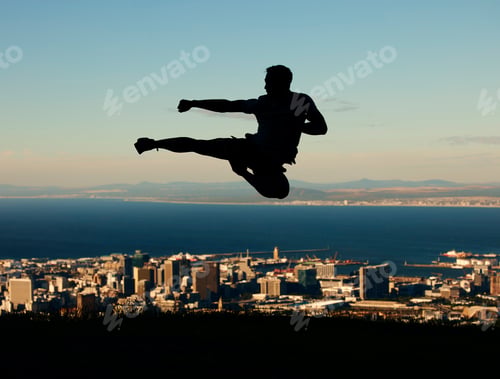 Preview: Silhouette of man doing karate with sky and city in the background. Outline of male athlete punchin