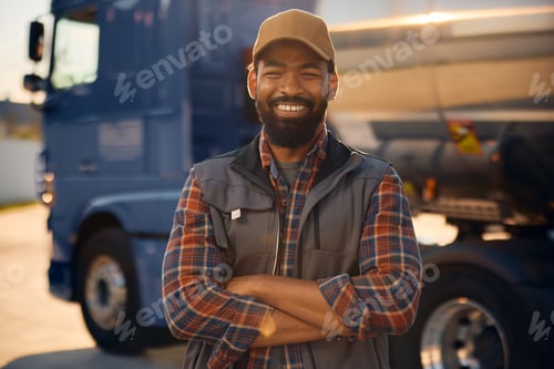 Preview: Confident black truck driver in front of his vehicle looking at camera.