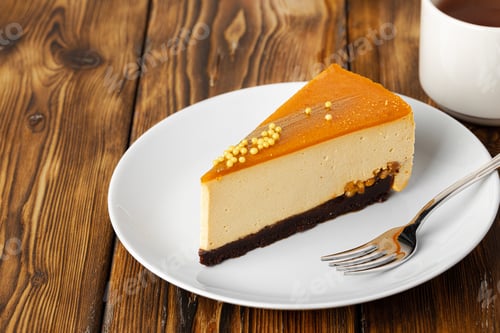 Preview: Piece of cheese cake on white plate on table