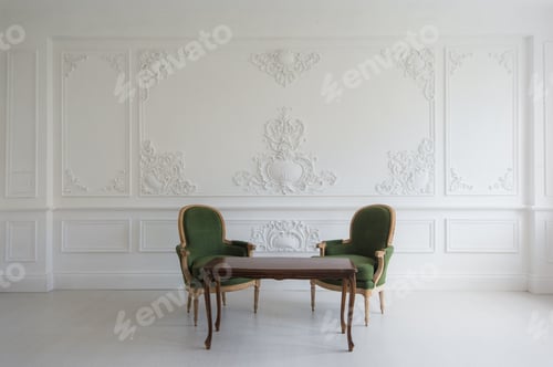 Preview: Appartment interior - Classic Vintage Style Furniture Set at bright loft. Living room in house.