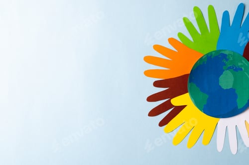 Preview: Paper cut out of multi coloured hands and globe with copy space on blue background