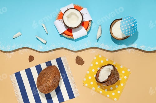 Preview: Composition for summer concept with coconut on color background