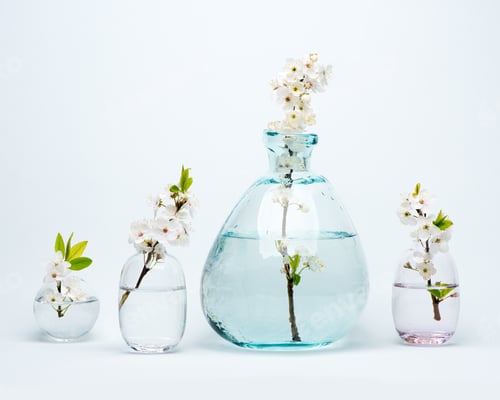 Preview: Glass vases with spring white cherry flowers on a blue background