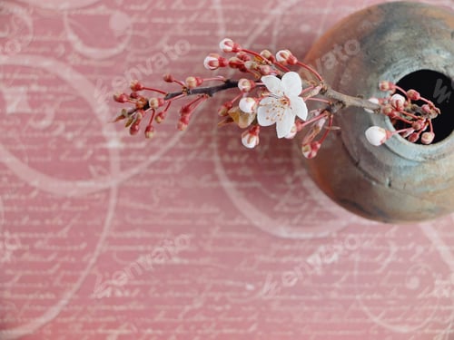 Preview: Brown earthy vase with a cherry branch against a light brown background with white writing on it