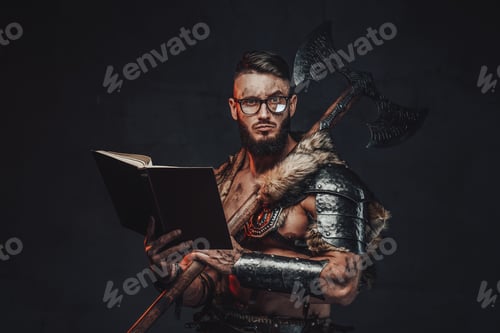 Preview: Holding a book and axe scandinavian warrior