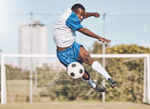 Preview: Soccer, action and man jump with ball playing game, training and exercise on outdoor field. Fitness