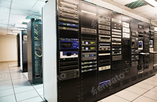 Preview: Storage racks aligned in a computer server room.