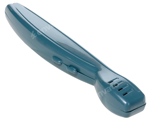 Preview: A sleek, teal colored plastic case for a toothbrush, featuring ventilation holes, isolated background