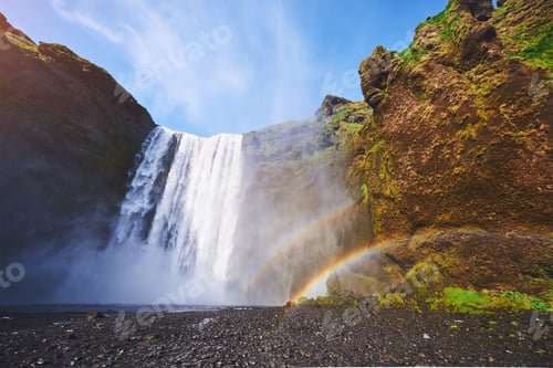 Preview: Great waterfall Skogafoss in south of Iceland near the town of Skogar. Dramatic and picturesque