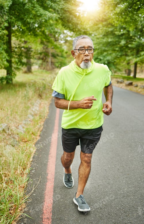Preview: Senior man, running and road in nature, countryside or forest with exercise in retirement for cardi
