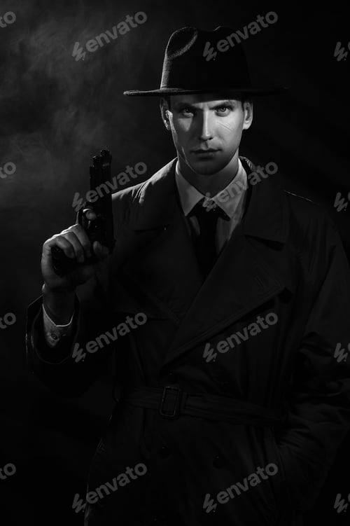 Preview: A dark silhouette of a man in a raincoat and hat with a gun in his hands in the style of crime noir.