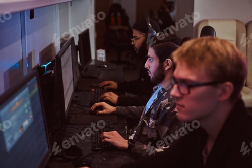 Preview: Team of teenage gamers plays in a multiplayer video game on pc in a gaming club.
