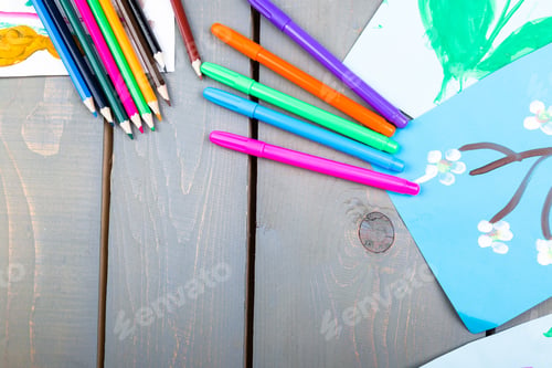 Preview: Child pictures. Kid drawings. Flat lay. Copy space.