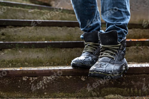 Preview: A man in boots on the old steps, close-up.