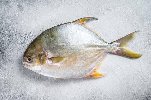 Preview: Fresh raw fish pompano on kitchen table. White background. Top view