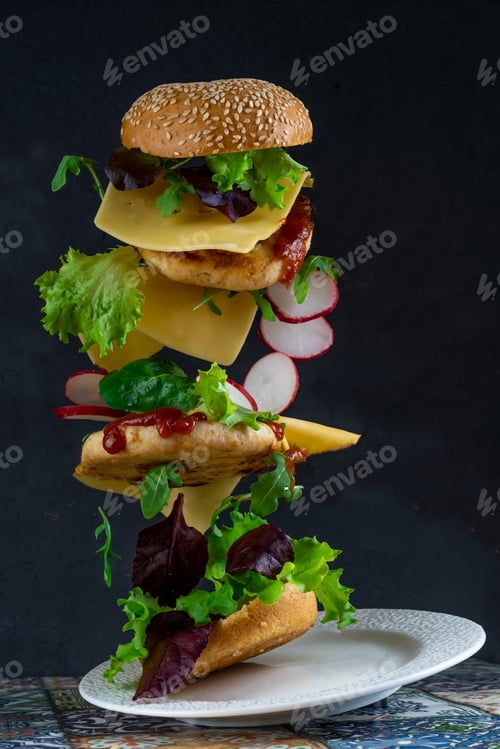 Preview: Hamburger bun, double chicken cutlet with cheese, lettuce, arugula and radish. Meat, vegetables and