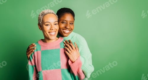 Preview: Young cheerful female couple in studio.