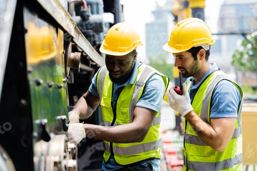 Preview: Two men in yellow safety vests are working on a train.