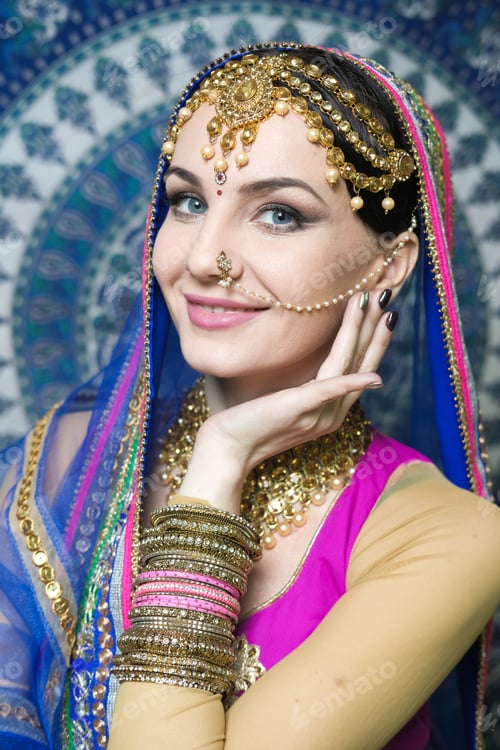 Preview: Woman In Indian Clothes Dancing Belly Dance. Young Beautiful Woman In National Costume Dancing