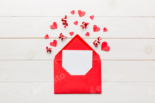 Preview: Red paper envelope with empty white card and heart on colored background