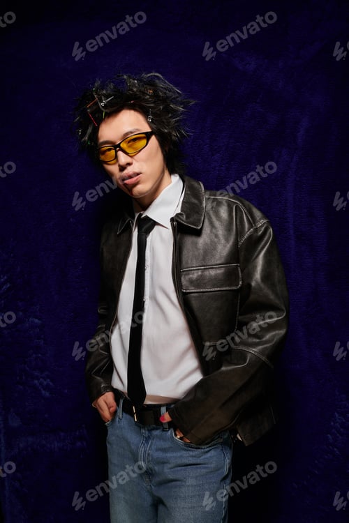 Preview: Stylish asian man showcases spring fashion in a vibrant studio setting
