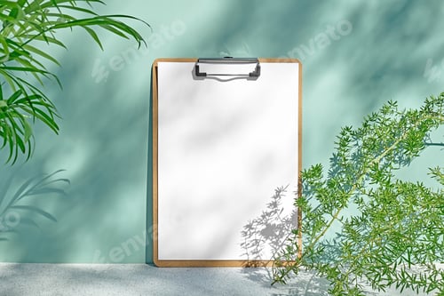 Preview: Paper sheet on clipboard on mint color surface with palm leaves, home plant and soft floral shadows.