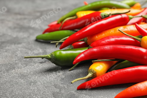 Preview: Different ripe chili peppers on grey table, closeup