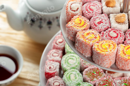 Preview: Turkish delight on a wooden table.