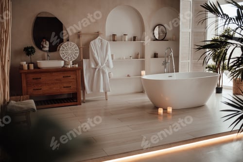 Preview: Luxury interior of big bathroom at modern african style with oval bathtub in natural lighting