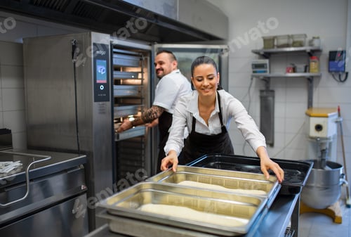 Preview: Chef and cook working on their dishes indoors in restaurant kitchen