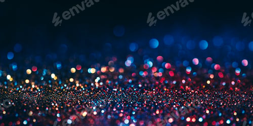 Preview: Abstract neon halftone color bokeh texture. Blur holiday light banner layout. Christmas new year