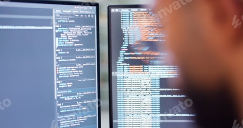 Preview: Computer, screen, programming and wed development with person in office for coding script. Cybersec