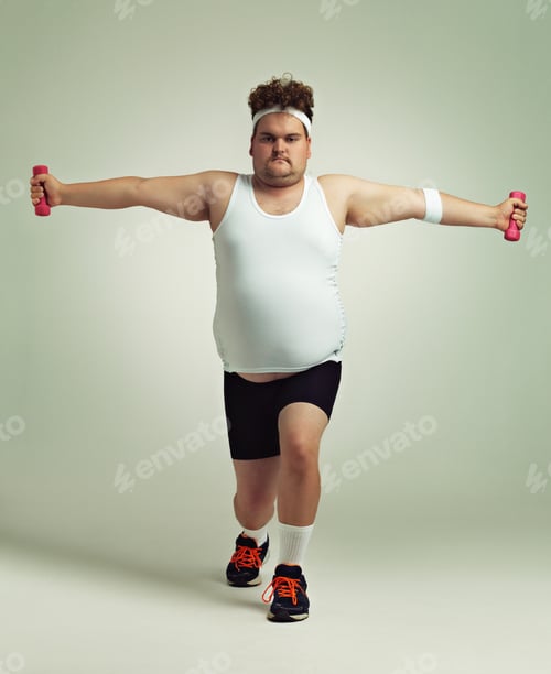 Preview: Lunges and more lunges. Shot of an overweight man doing lunges while holding up dumbbells.