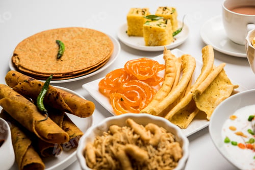 Preview: Group of Gujarati snacks food from India