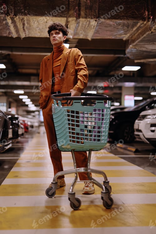 Preview: Stylish young man in brown suit poses confidently in a parking garage with a shopping cart
