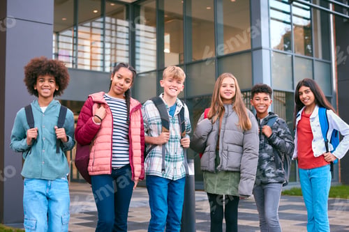 Preview: Portrait Showing Class Of Secondary Or High School Pupils Standing Outside School Building